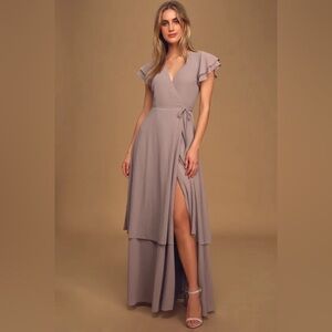 NWT Beautiful Forever Grey Lavender Tiered Wrap Maxi Dress Size Small